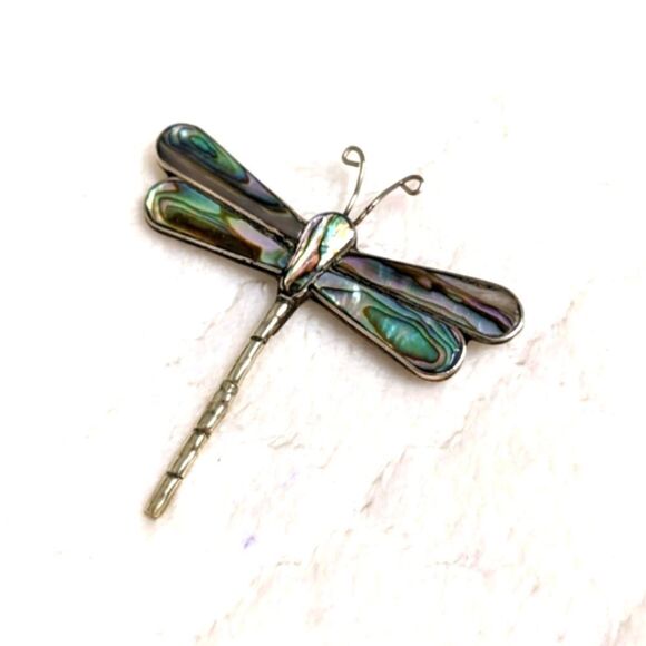 Vintage 80's Sterling Silver and Abalone Dragonfly Brooche - Picture 1 of 8
